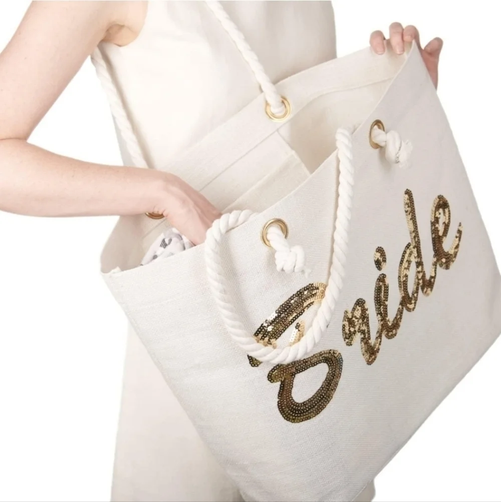 Bride Sequine Jute Large Beach Tote
